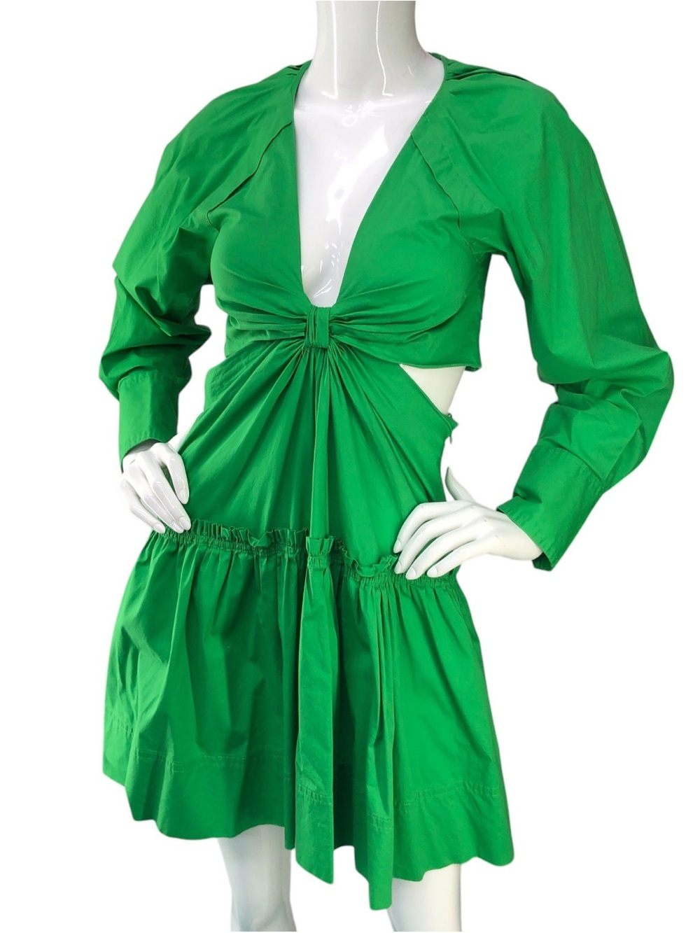 NWT Jason Wu Green Cotton Cut Out Mini Dress Long Sleeve V-Neck Ruffle Brand New